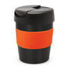 A drink bottle featuring a black body and an orange silicone sleeve, complete with a black lid and a branding logo.