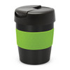 A drink bottle in black with a green silicone band and a secure lid, featuring a logo.