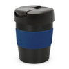 A drink bottle featuring a black body with a blue silicone sleeve and a secure lid, designed for easy transport.
