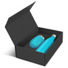 A gift set featuring a turquoise drink bottle and cup in a black box with a logo.