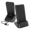 A black wireless charging station with two charging pads and a USB cable. It has a logo on the base.