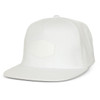 A white flat peak cap with a patch on the front and a logo on the side.