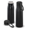 A drink bottle in matte black, featuring a stainless steel top and a removable cap with a black and white strap.
