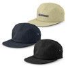 A cap collection featuring three styles in light khaki, dark navy, and black, each with a logo on the front.