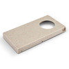 A rectangular cornhole game board in a speckled beige colour with a round hole cut out.