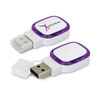 A 4GB purple and white flash drive with a logo, featuring a retractable USB connector.