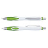 A plastic pen with a white body and green accents, featuring a silver clip and nib. It has a logo on the side.