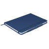 A navy blue Omega Notebook with a pen attached, featuring an elastic closure and a sleek design suitable for office use.