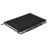 A black Omega Notebook with a matching pen, featuring a sleek design and an elastic band closure.