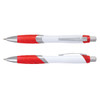 A plastic pen with a white barrel and red accents, featuring a silver clip and grip sections.