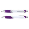 A plastic pen with a white barrel and a purple grip, featuring a shiny silver clip and tip. It has a branding logo.