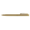 A gold metal pen with a sleek design and a clip, featuring a textured grip and branding.