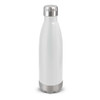 A drink bottle in white with a stainless steel base and cap, featuring a logo.