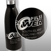 A drink bottle in sleek black with a stainless steel finish, featuring a logo and promotional branding.