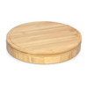 A round bamboo cheese board with a smooth surface and a textured edge, featuring a simple design.