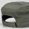 A military-style cap in olive green with a flat brim and an adjustable strap at the back. It has a logo.