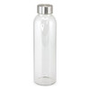 A drink bottle made of clear glass with a stainless steel lid, featuring a sleek, modern design.