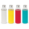 A drink bottle collection featuring four bottles with neoprene sleeves in white, yellow, red, and turquoise, each with a silver lid.