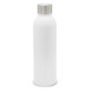 A drink bottle in white with a stainless steel cap and a simple design, featuring a logo.