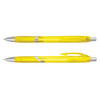 Two translucent yellow plastic pens with silver accents, featuring a textured grip and a click mechanism.