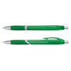 A green translucent plastic pen with silver accents and a grip section. The pen has a clip and is displayed from two angles.