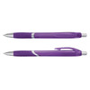 Two plastic pens in a translucent purple colour, featuring silver accents and grip lines on the barrel.