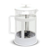 A large white coffee plunger with a clear glass body and a metal plunger mechanism.