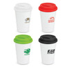 A set of four Aztec double wall coffee cups in white, red, green, and black, each with a matching lid.