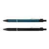 A metal pen set featuring a teal pen and a black pen with textured grips and clips, both with branding.