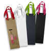 A collection of four wine bottle gift bags in brown, white, black, and various coloured handles, featuring a logo.