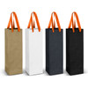 A set of four paper bags in olive green, white, black, and charcoal, each with orange ribbon handles.
