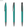 A plastic pen in teal with a sleek design and silver accents, featuring a logo on its body.