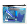 A clear pouch containing various health and personal items in shades of blue, including a drink bottle and a compact mirror.