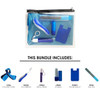 A clear pouch containing a blue cooling towel, toothbrush, metal straw, lip balm, phone wallet, and nail file, all in blue shades.