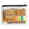 A clear zip pouch containing cork notebooks, sticky notes in bright colours, a pen, and a notepad.