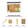 A clear pouch contains a bamboo pen, cork notebook, memo note pad, memo bookmark, and colourful sticky notes.