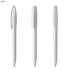A set of three white plastic pens featuring a sleek design and a clip. Each pen has a smooth, rounded body.