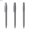 A grey plastic pen displayed from three angles, featuring a clip and a smooth, streamlined design.