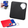 A drink bottle coaster in black, with a bottle opener cutout, alongside red, blue, and white versions. Includes branding.