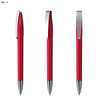 A red metal pen with a chrome clip, displayed from three different angles.