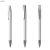 A metal pen in white with a sleek design and silver clip, featuring a metallic tip.