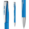 A metal pen in blue with a shiny chrome clip and branding on the barrel.