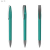 A teal plastic pen with a silver clip, featuring a transparent barrel and a smooth writing tip.