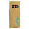 A crayon set in a kraft paper box, featuring red, green, blue, and yellow crayons with a branding logo.