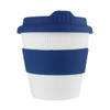 A reusable coffee cup featuring a white body with a blue silicone band and lid. It includes a logo.