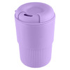 A reusable coffee cup in a light purple colour with a ribbed design and a lid that features a drinking slot.