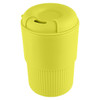 A drink bottle in bright yellow with a textured grip and a lid featuring a small opening. It has a logo on the side.