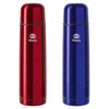 A drink bottle set featuring two stainless steel flasks in red and blue, each with a branded logo.