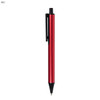 A red metal pen with a black clip and tip, designed for smooth writing. Features branding on the side.