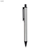 A silver metal pen with a click mechanism and a black tip. It features a simple design and a clip on the side.